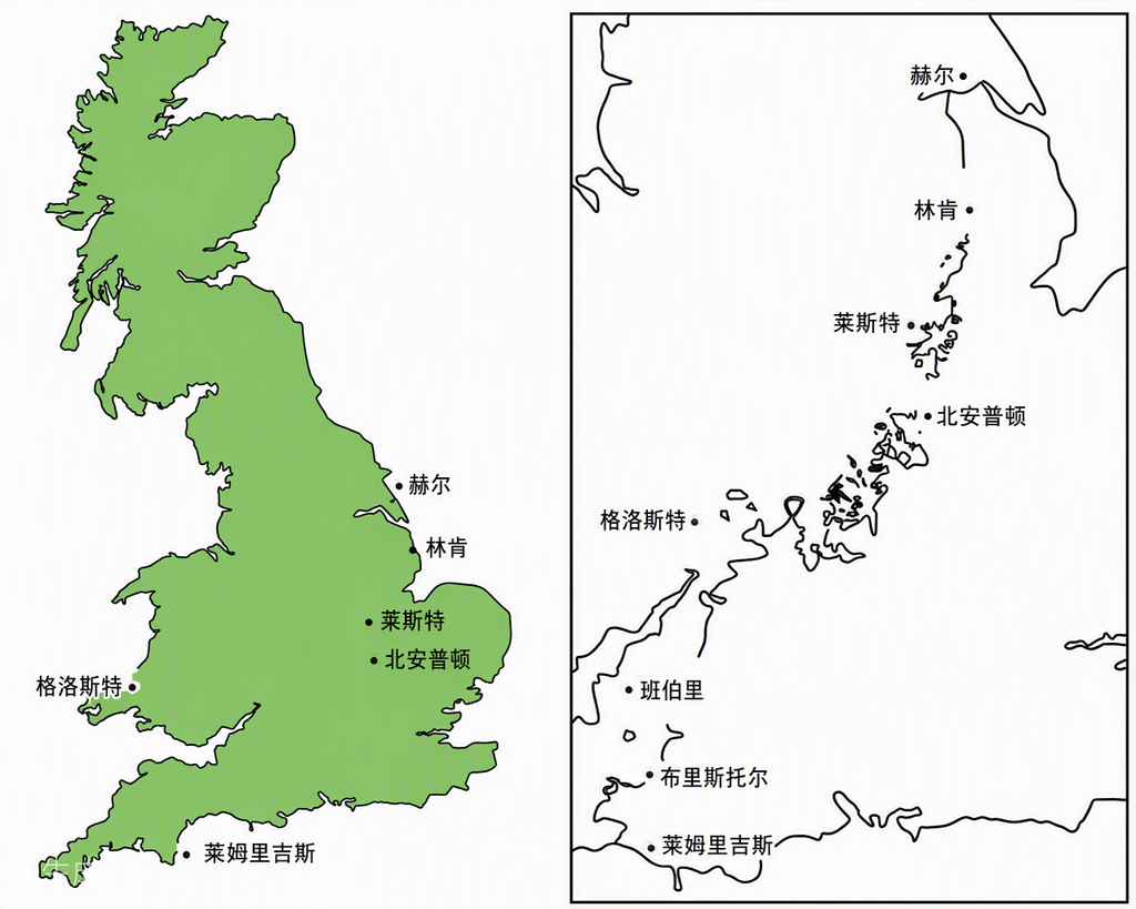 图2. 定位地图显示了泥灰岩岩层的分布,在班伯里(Banbury)西面,拉特里(Ratley)村附近边山(Edge Hill)的霍顿采石场(Hornton Quarries)。